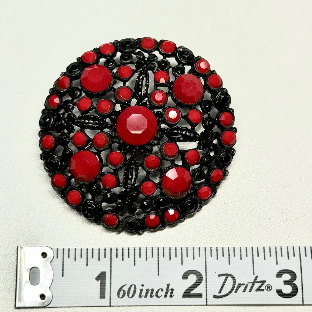 Vintage Black Japanned Style Brooch Matte Red Rhinestones Dark Romantic Pin